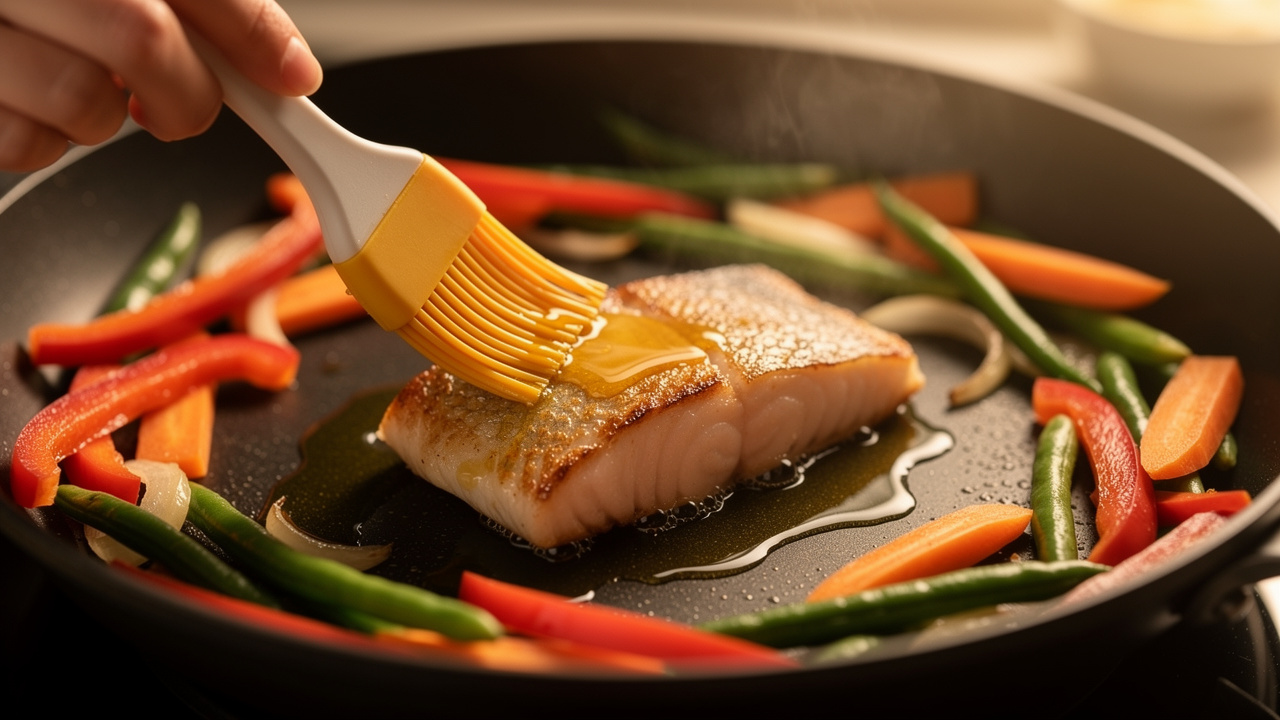 Gros plan d’une main de femme utilisant un pinceau alimentaire pour étaler une fine couche d’huile dans une poêle antiadhésive contenant un filet de poisson et des légumes.
