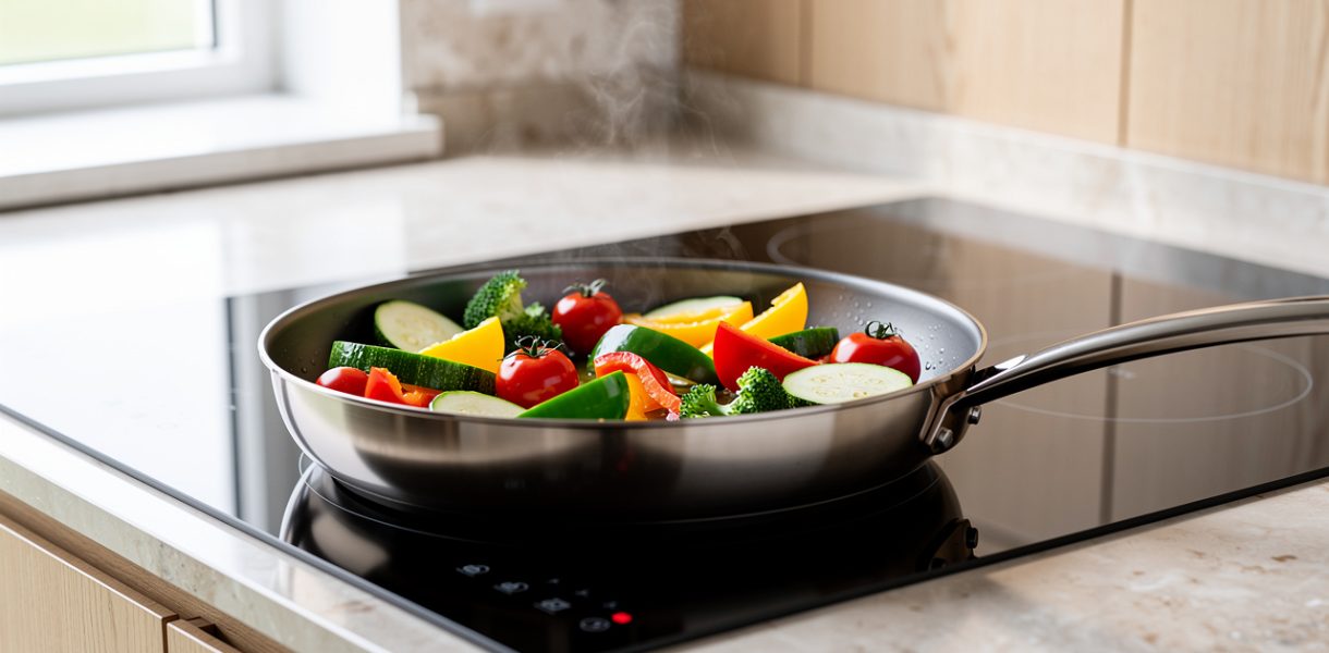 Poêle en titane contenant des légumes colorés en cuisson avec très peu d’huile sur une plaque à induction, dans une cuisine lumineuse.