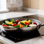 Poêle en titane contenant des légumes colorés en cuisson avec très peu d’huile sur une plaque à induction, dans une cuisine lumineuse.