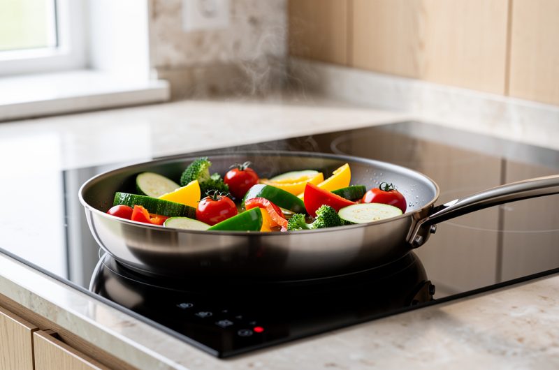 Poêle en titane contenant des légumes colorés en cuisson avec très peu d’huile sur une plaque à induction, dans une cuisine lumineuse.