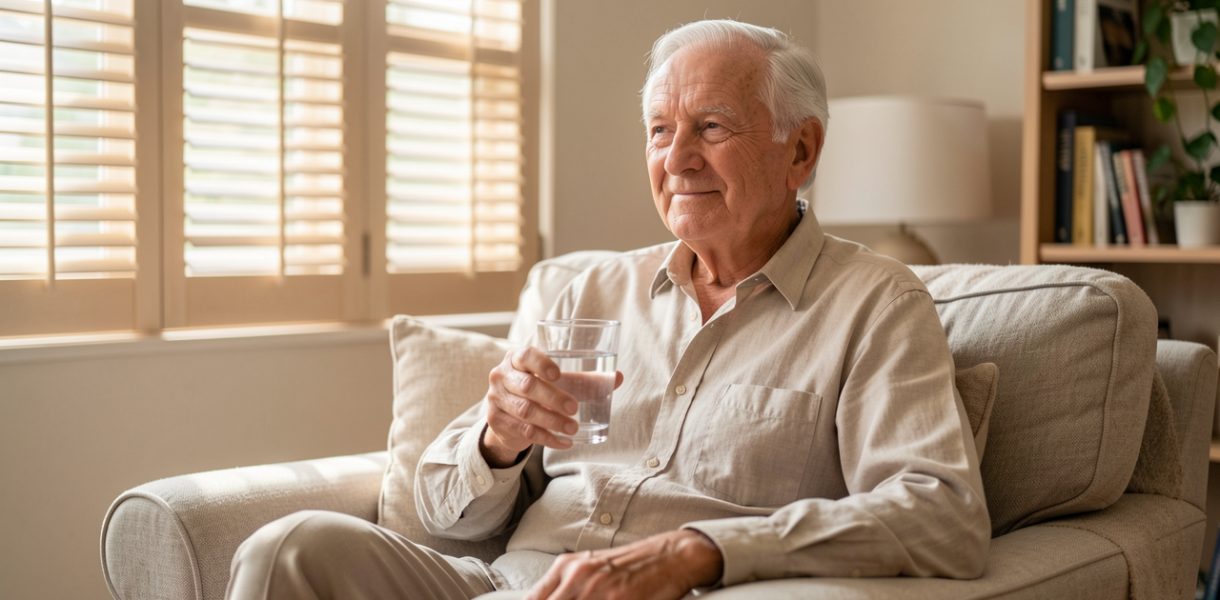 Un homme âgé assis dans un salon lumineux, tenant un verre d’eau, avec les volets fermés dans une ambiance estivale calme.