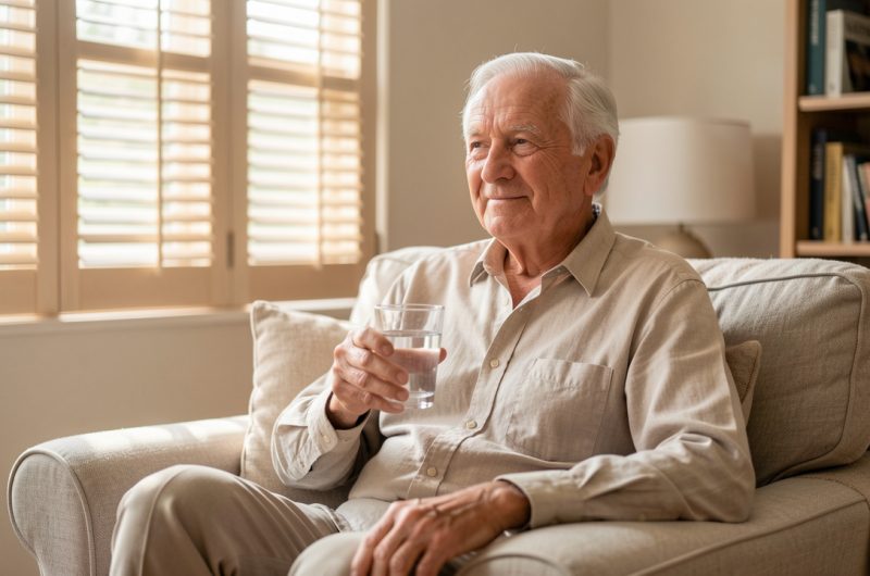 Un homme âgé assis dans un salon lumineux, tenant un verre d’eau, avec les volets fermés dans une ambiance estivale calme.