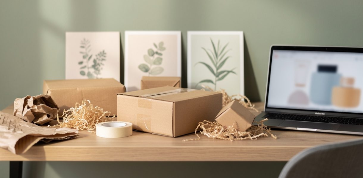 Espace de travail professionnel et générique avec un colis non marqué, des emballages durables et un ordinateur portable dans un contexte de commerce de bien-être en ligne en France.
