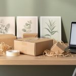 Espace de travail professionnel et générique avec un colis non marqué, des emballages durables et un ordinateur portable dans un contexte de commerce de bien-être en ligne en France.
