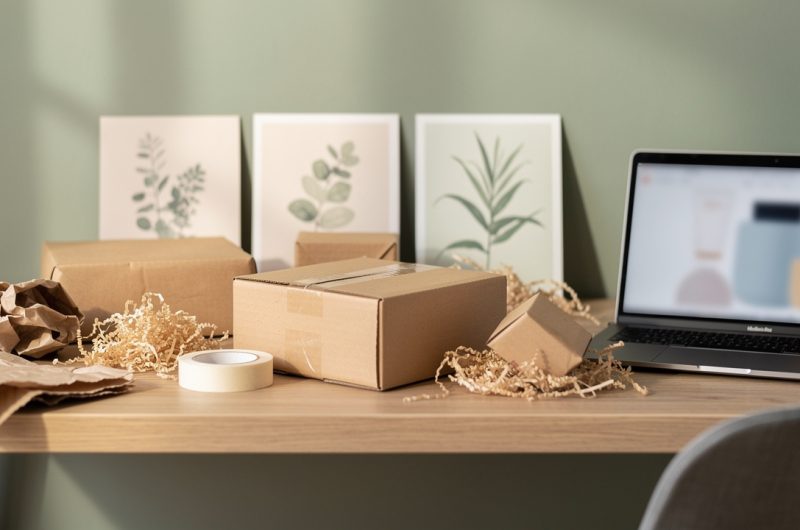 Espace de travail professionnel et générique avec un colis non marqué, des emballages durables et un ordinateur portable dans un contexte de commerce de bien-être en ligne en France.