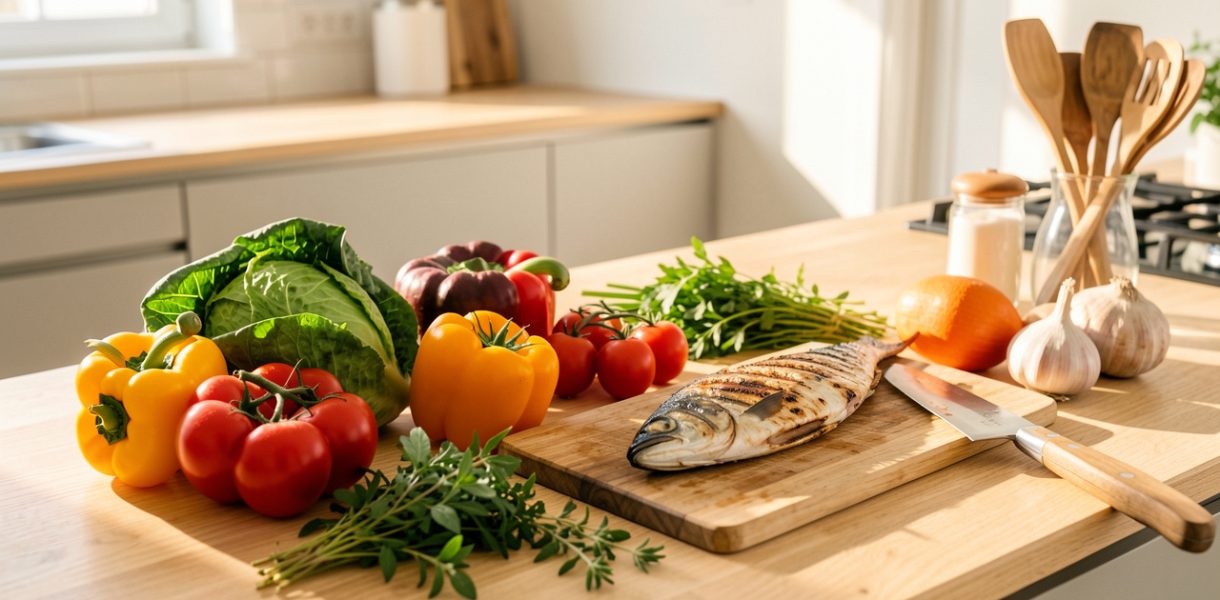 Cuisine lumineuse présentant des légumes colorés, du poisson grillé, des herbes fraîches et des ustensiles de cuisson sains sur un plan de travail en bois.