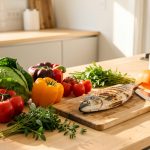 Cuisine lumineuse présentant des légumes colorés, du poisson grillé, des herbes fraîches et des ustensiles de cuisson sains sur un plan de travail en bois.