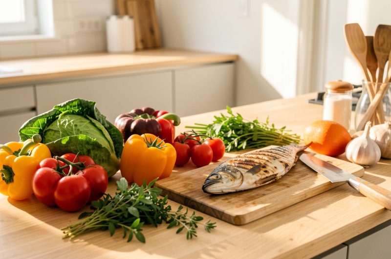 Cuisine lumineuse présentant des légumes colorés, du poisson grillé, des herbes fraîches et des ustensiles de cuisson sains sur un plan de travail en bois.