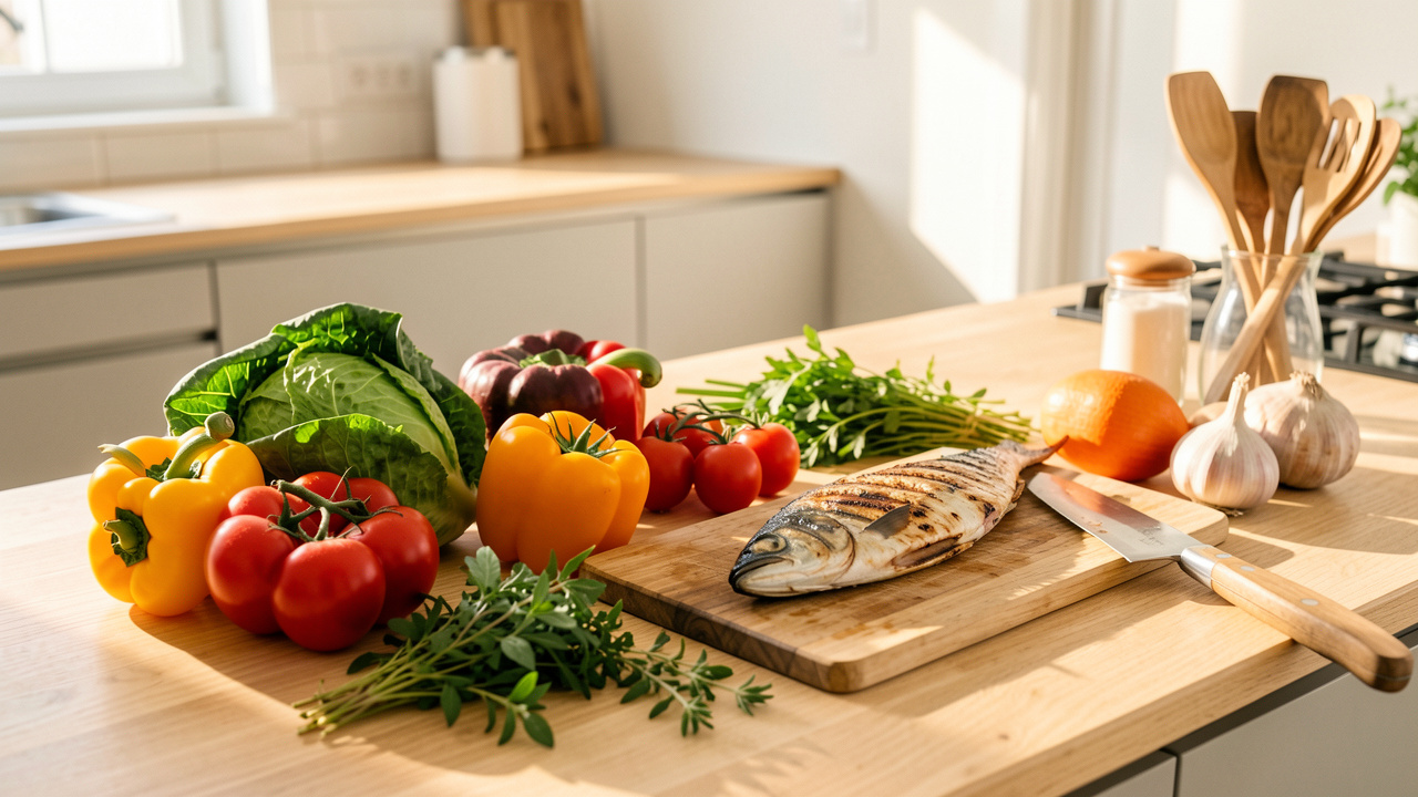 Cuisine lumineuse présentant des légumes colorés, du poisson grillé, des herbes fraîches et des ustensiles de cuisson sains sur un plan de travail en bois.
