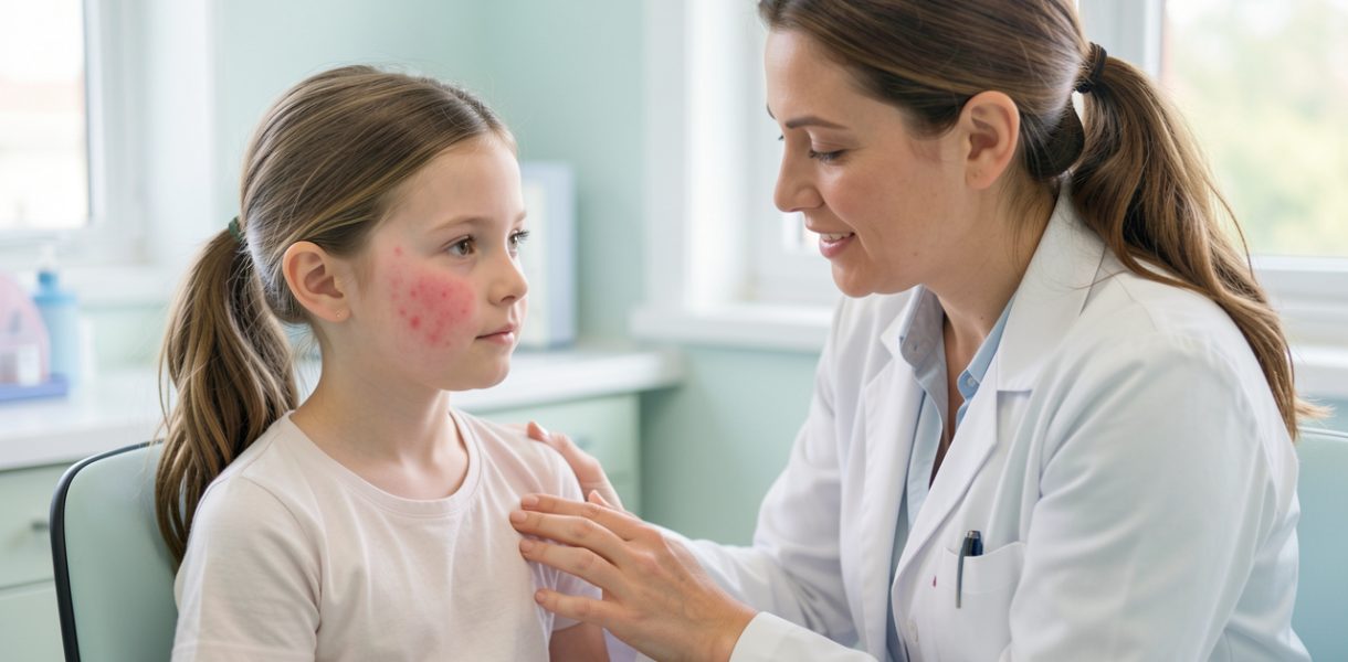 Illustration médicale réaliste d’une jeune fille présentant une légère éruption rouge sur le visage, assise auprès de sa mère dans un cabinet médical rassurant, tandis qu’une médecin examine doucement sa peau.