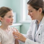 Illustration médicale réaliste d’une jeune fille présentant une légère éruption rouge sur le visage, assise auprès de sa mère dans un cabinet médical rassurant, tandis qu’une médecin examine doucement sa peau.