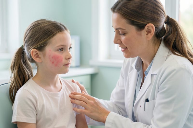 Illustration médicale réaliste d’une jeune fille présentant une légère éruption rouge sur le visage, assise auprès de sa mère dans un cabinet médical rassurant, tandis qu’une médecin examine doucement sa peau.