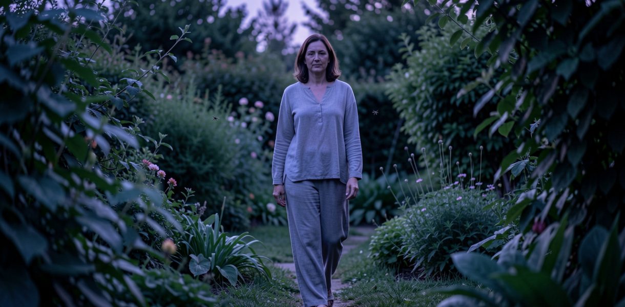 Une femme vêtue de vêtements longs marche dans un jardin luxuriant au crépuscule, avec quelques moustiques discrets près de la végétation.