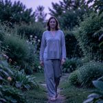 Une femme vêtue de vêtements longs marche dans un jardin luxuriant au crépuscule, avec quelques moustiques discrets près de la végétation.