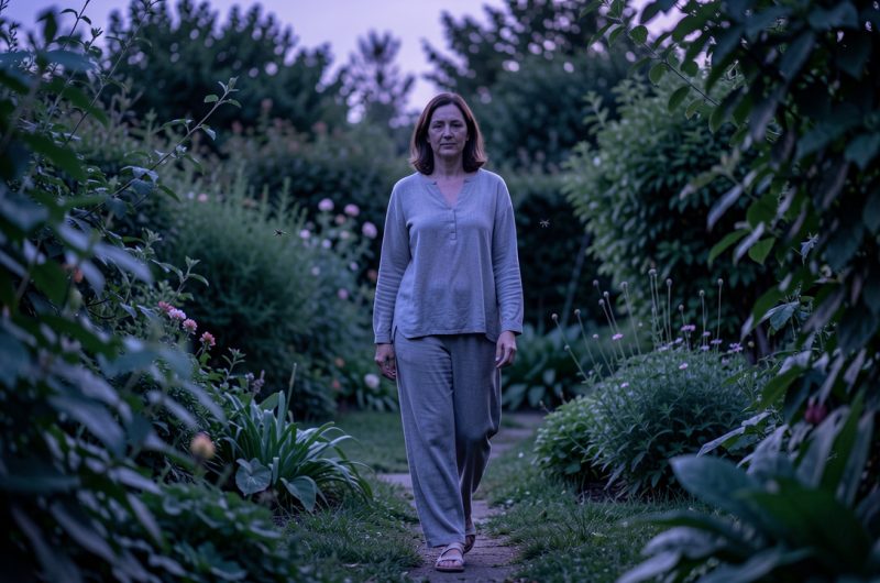 Une femme vêtue de vêtements longs marche dans un jardin luxuriant au crépuscule, avec quelques moustiques discrets près de la végétation.