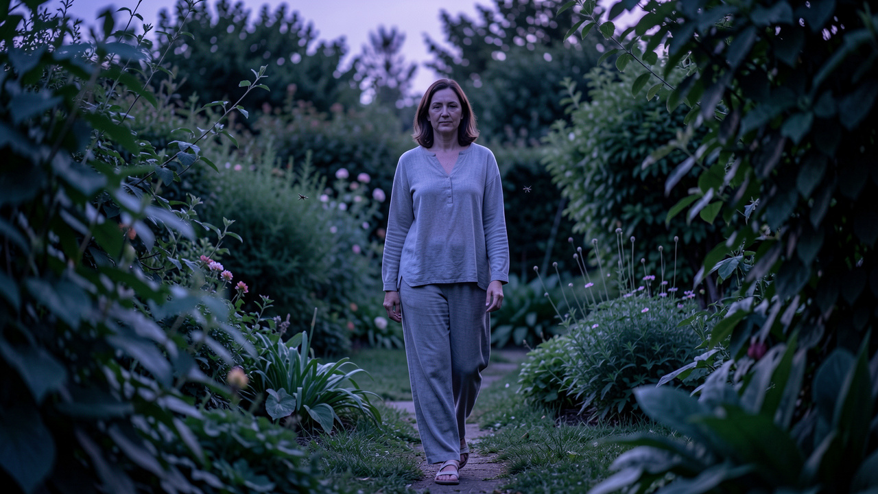 Une femme vêtue de vêtements longs marche dans un jardin luxuriant au crépuscule, avec quelques moustiques discrets près de la végétation.