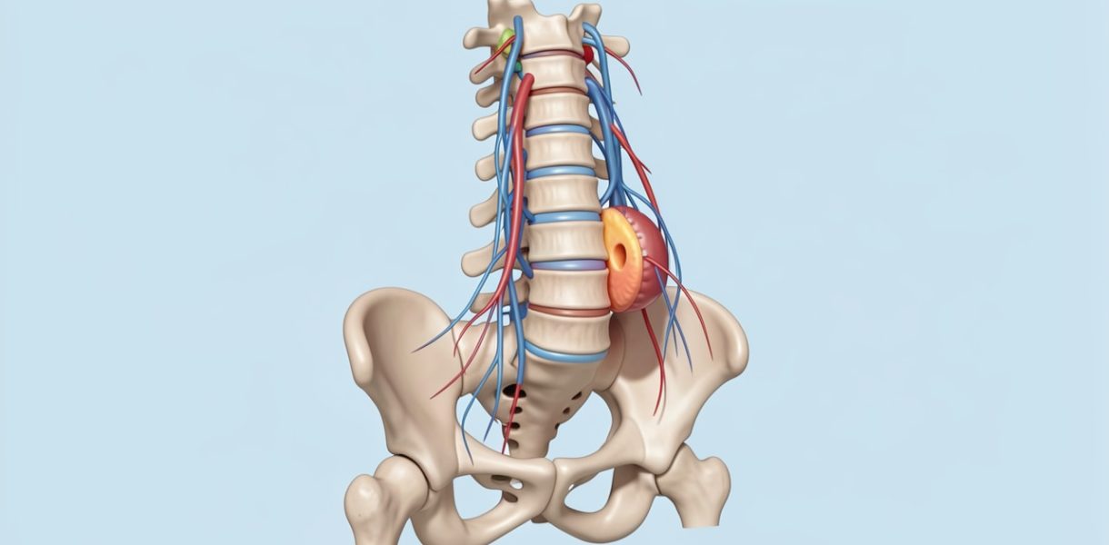 Illustration médicale réaliste d’un rachis lombaire montrant les racines nerveuses de la queue-de-cheval et une hernie discale qui les comprime.