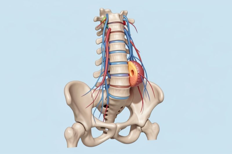 Illustration médicale réaliste d’un rachis lombaire montrant les racines nerveuses de la queue-de-cheval et une hernie discale qui les comprime.