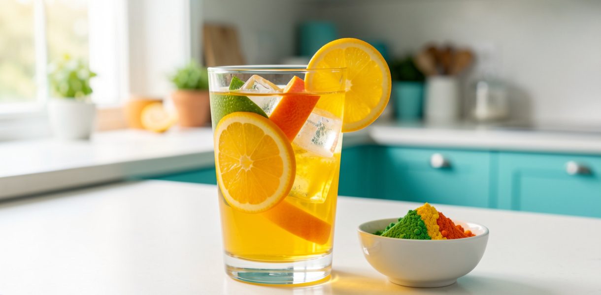 Verre de boisson fruitée colorée avec glaçons et tranches d’agrumes, accompagné de poudre à boisson sur un comptoir de cuisine lumineux.
