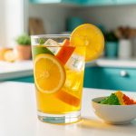 Verre de boisson fruitée colorée avec glaçons et tranches d’agrumes, accompagné de poudre à boisson sur un comptoir de cuisine lumineux.