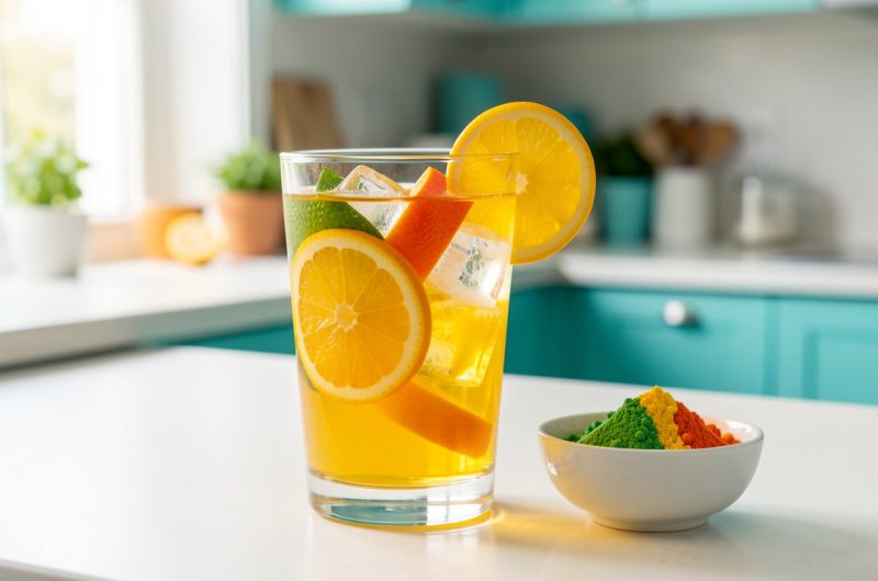 Verre de boisson fruitée colorée avec glaçons et tranches d’agrumes, accompagné de poudre à boisson sur un comptoir de cuisine lumineux.