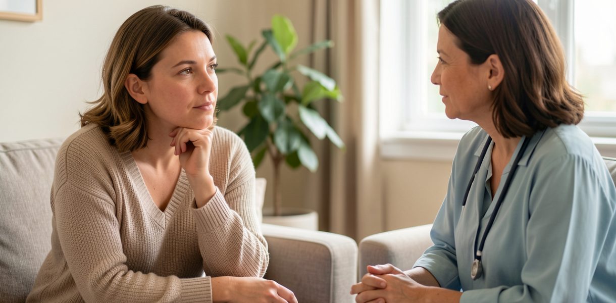 Une femme échange calmement avec une professionnelle de santé mentale dans un intérieur lumineux et rassurant.