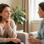 Une femme échange calmement avec une professionnelle de santé mentale dans un intérieur lumineux et rassurant.