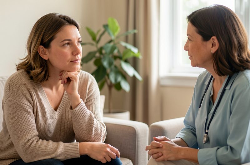 Une femme échange calmement avec une professionnelle de santé mentale dans un intérieur lumineux et rassurant.