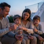 Une famille réunie sur une terrasse au crépuscule applique un répulsif antimoustique sur ses bras, avec des vêtements longs et une moustiquaire visible à l’arrière-plan.