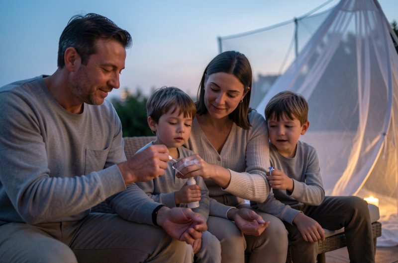 Une famille réunie sur une terrasse au crépuscule applique un répulsif antimoustique sur ses bras, avec des vêtements longs et une moustiquaire visible à l’arrière-plan.