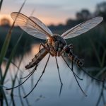 Illustration médicale réaliste d’un moustique Culex aux ailes translucides, suspendu au-dessus des roseaux d’une zone humide française au crépuscule.