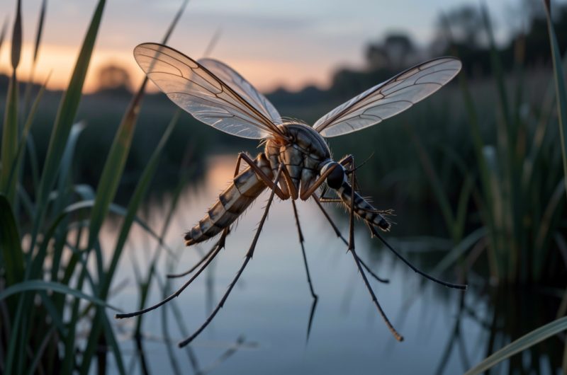 Illustration médicale réaliste d’un moustique Culex aux ailes translucides, suspendu au-dessus des roseaux d’une zone humide française au crépuscule.
