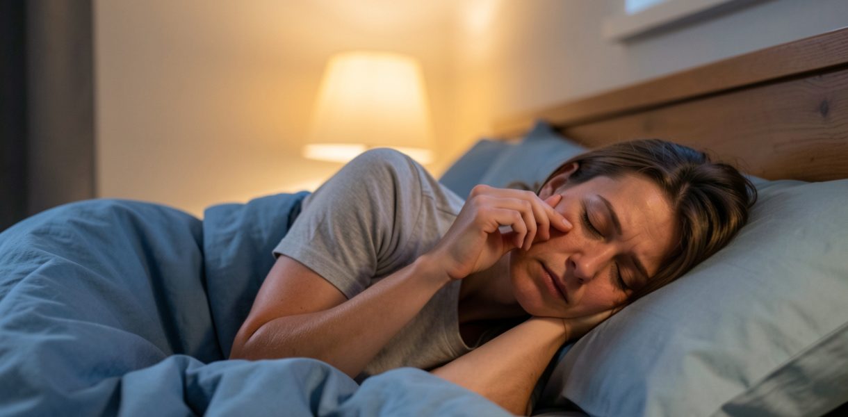 Femme dans une chambre le soir pratiquant calmement une technique de respiration avant de dormir