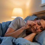 Femme dans une chambre le soir pratiquant calmement une technique de respiration avant de dormir