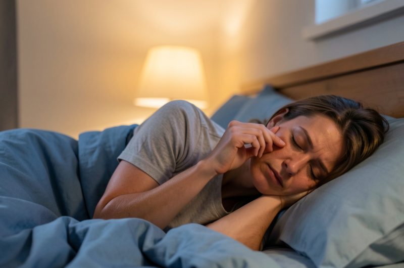 Femme dans une chambre le soir pratiquant calmement une technique de respiration avant de dormir