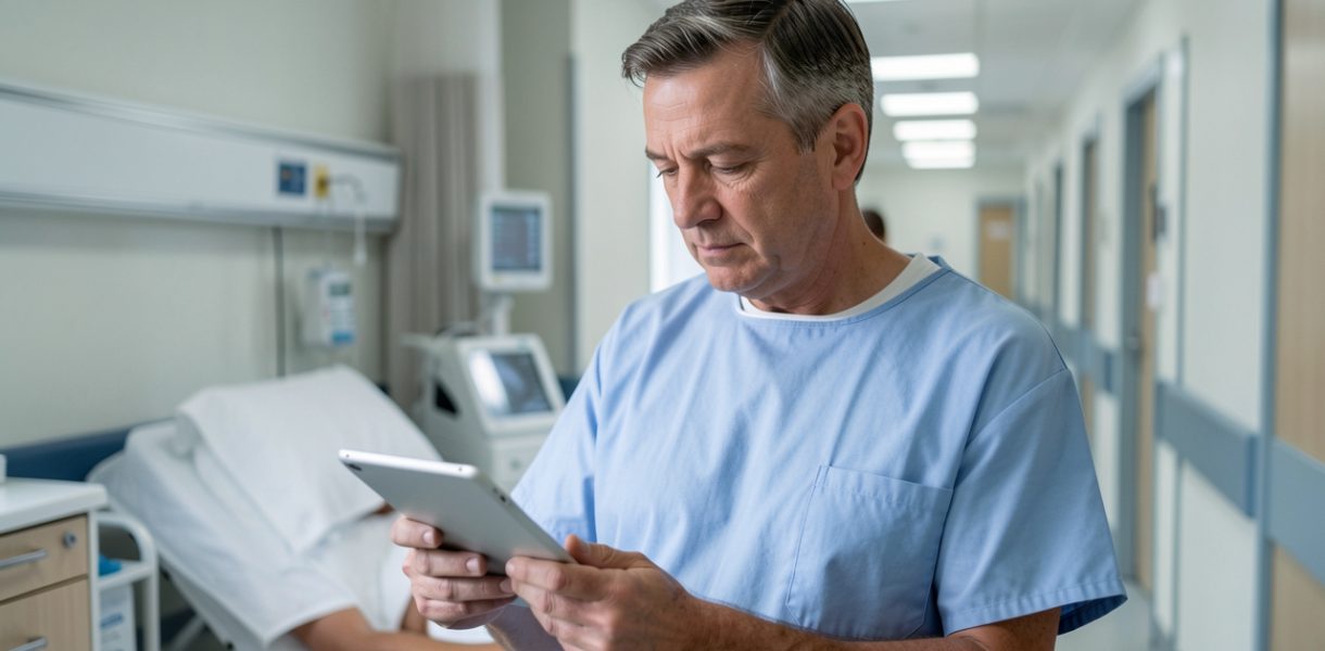 Patient adulte consultant une tablette affichant des indicateurs visuels abstraits dans une chambre d’hôpital, avant une chirurgie, avec un couloir hospitalier en arrière-plan.