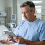 Patient adulte consultant une tablette affichant des indicateurs visuels abstraits dans une chambre d’hôpital, avant une chirurgie, avec un couloir hospitalier en arrière-plan.