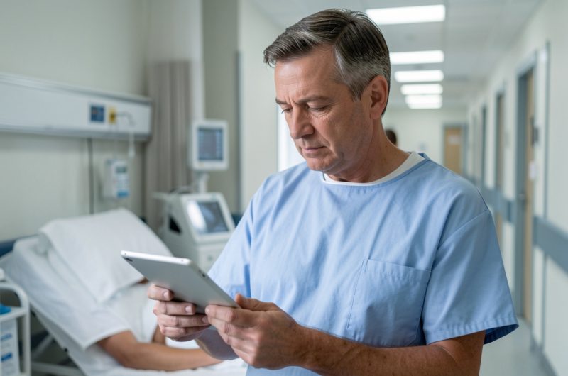 Patient adulte consultant une tablette affichant des indicateurs visuels abstraits dans une chambre d’hôpital, avant une chirurgie, avec un couloir hospitalier en arrière-plan.