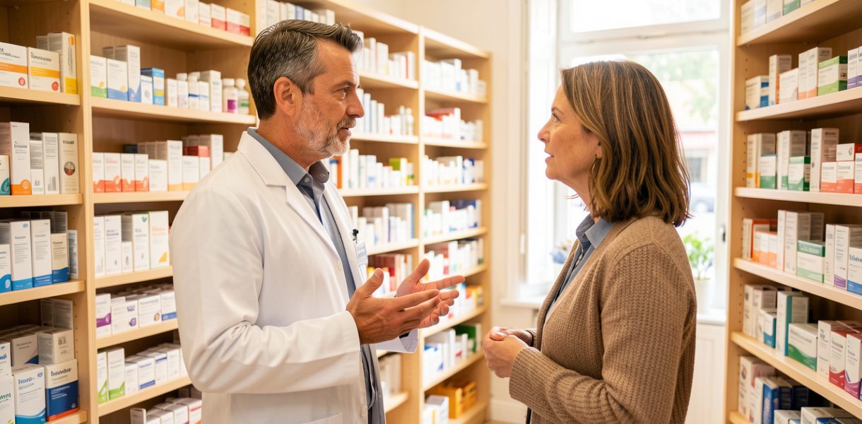Un pharmacien échange avec une cliente devant un rayon de produits de santé dans une officine lumineuse.