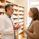 Un pharmacien échange avec une cliente devant un rayon de produits de santé dans une officine lumineuse.