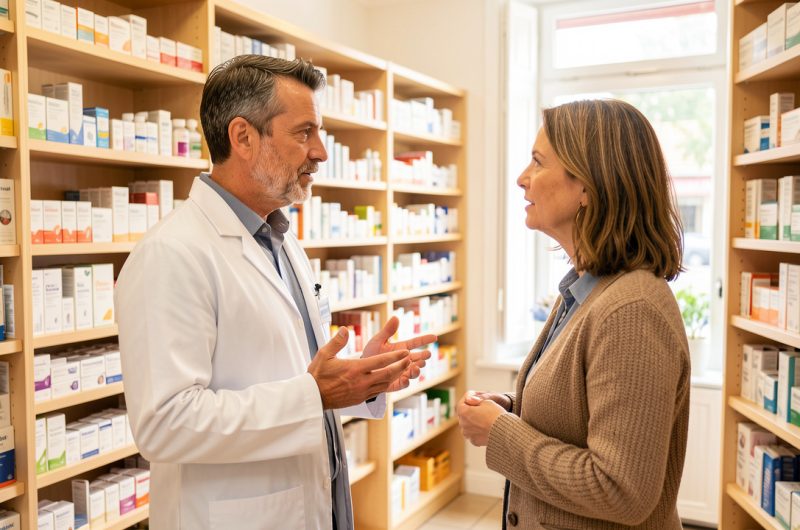Un pharmacien échange avec une cliente devant un rayon de produits de santé dans une officine lumineuse.