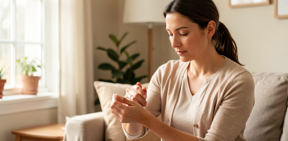 Femme adulte assise chez elle, vérifiant calmement son pouls au poignet dans une ambiance rassurante.