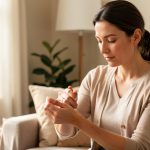 Femme adulte assise chez elle, vérifiant calmement son pouls au poignet dans une ambiance rassurante.