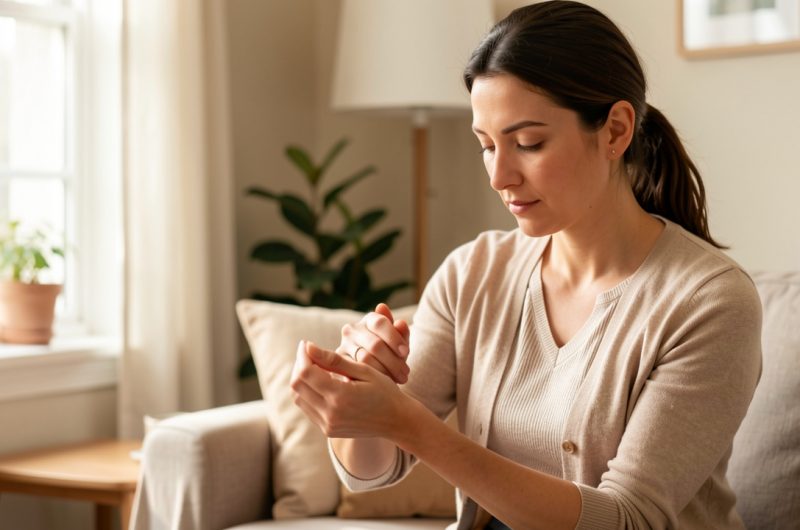 Femme adulte assise chez elle, vérifiant calmement son pouls au poignet dans une ambiance rassurante.