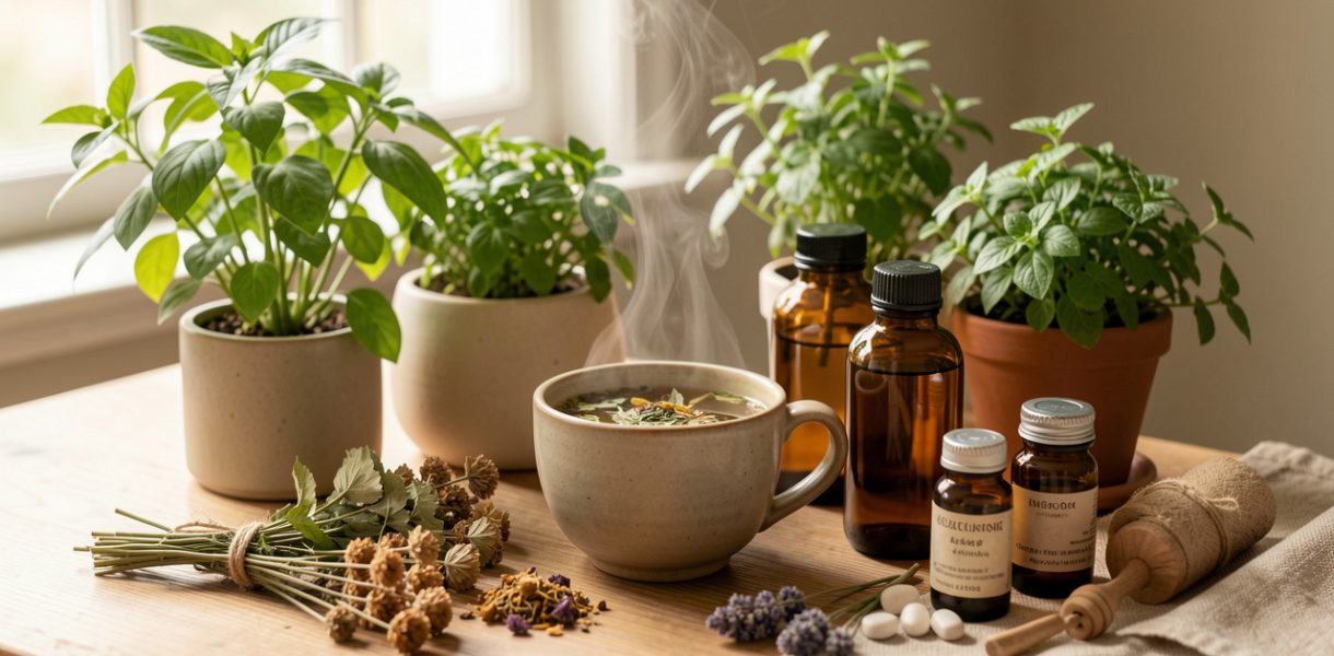 Table lumineuse et apaisante avec des plantes vertes, une infusion fumante, des flacons ambrés et des compléments naturels.