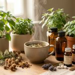 Table lumineuse et apaisante avec des plantes vertes, une infusion fumante, des flacons ambrés et des compléments naturels.