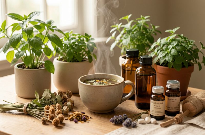 Table lumineuse et apaisante avec des plantes vertes, une infusion fumante, des flacons ambrés et des compléments naturels.