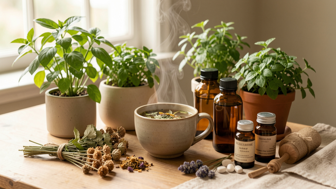 Table lumineuse et apaisante avec des plantes vertes, une infusion fumante, des flacons ambrés et des compléments naturels.