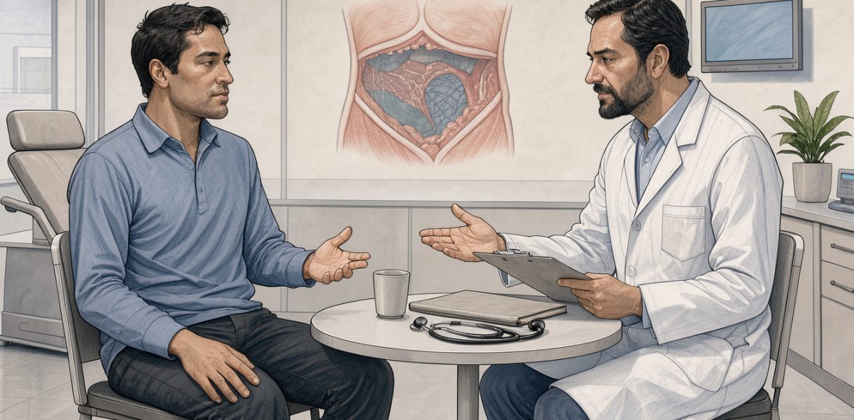Illustration médicale sobre montrant un patient adulte assis en consultation postopératoire avec un chirurgien, dans une clinique moderne, avec un schéma discret et non légendé de la paroi abdominale en arrière-plan.