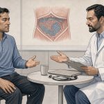 Illustration médicale sobre montrant un patient adulte assis en consultation postopératoire avec un chirurgien, dans une clinique moderne, avec un schéma discret et non légendé de la paroi abdominale en arrière-plan.